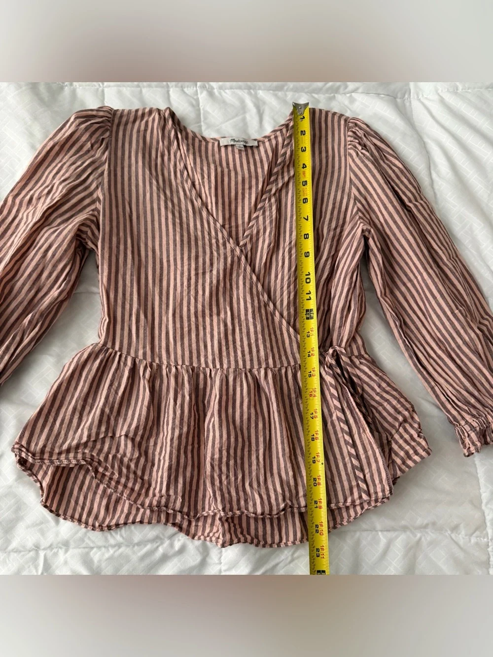 Madewell Puff Sleeve Peplum Wrap Top S Pink Stripes Cotton Preppy Peasant Boho